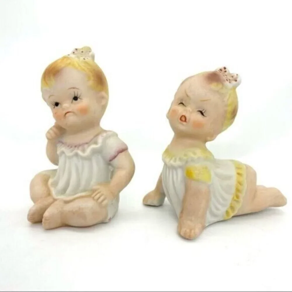 Vintage Porcelain Bisque Piano Baby Dolls Figurine Set Of 2